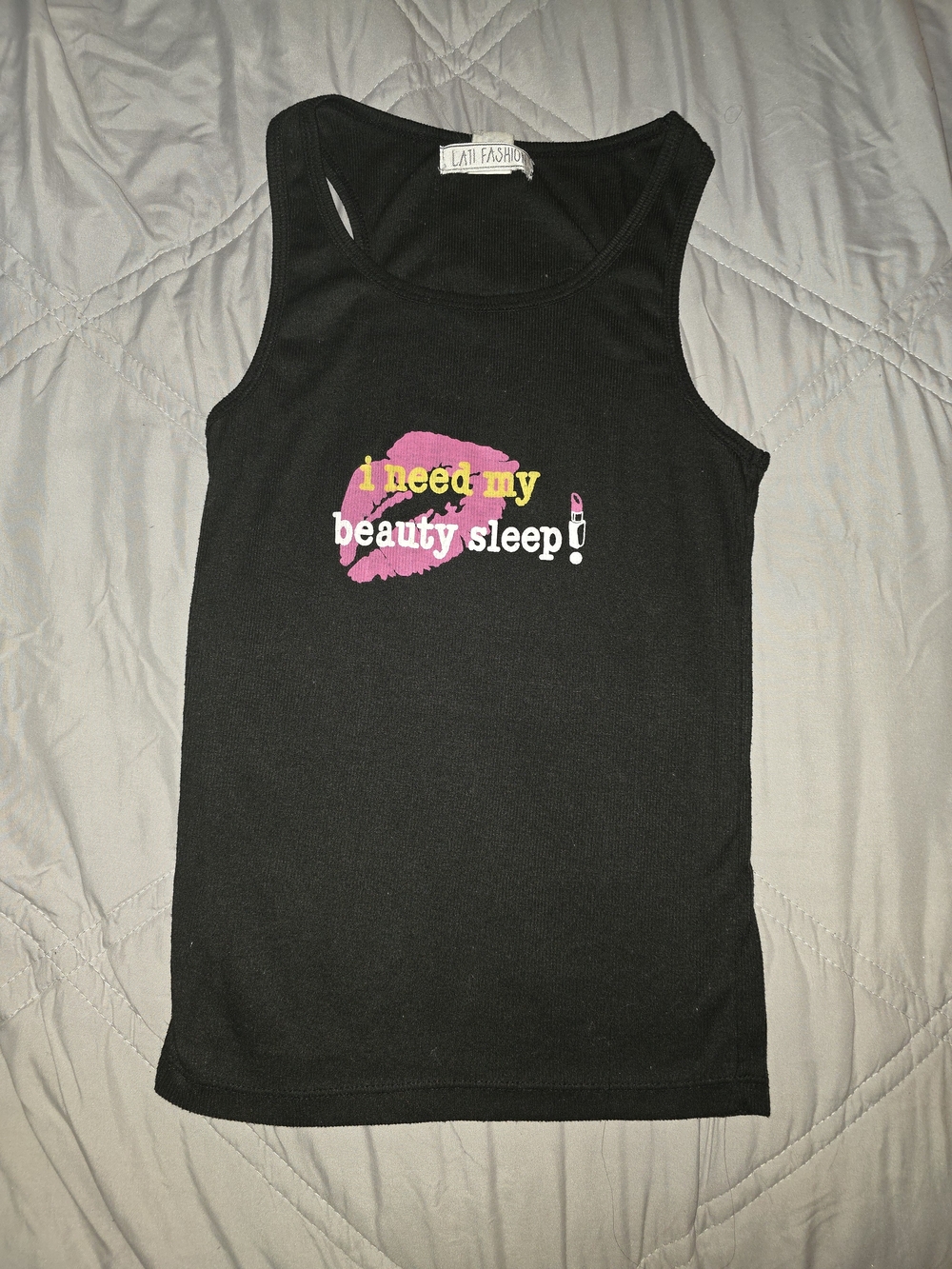 Black Ribbed Tank with Pink Lip Graphic